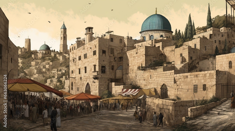 Naklejka premium Al-Aqsa embraced by the ancient city walls, the Palestinian flag flying proudly, the bustling markets of the Old City surrounding it, a mix of history and contemporary life, Illustration, digital art