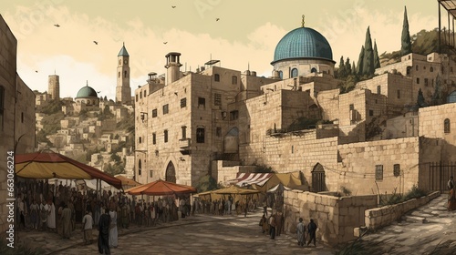 Al-Aqsa embraced by the ancient city walls, the Palestinian flag flying proudly, the bustling markets of the Old City surrounding it, a mix of history and contemporary life, Illustration, digital art photo