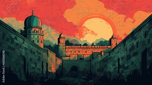Al-Aqsa embraced by the ancient city walls, the Palestinian flag flying proudly, the bustling markets of the Old City surrounding it, a mix of history and contemporary life, Illustration, digital art photo
