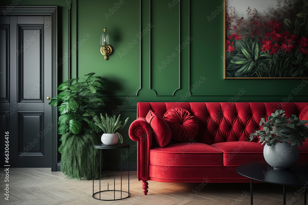 Obraz premium interior of a house with a green living room and a red sofa, table, and décor. Generative AI