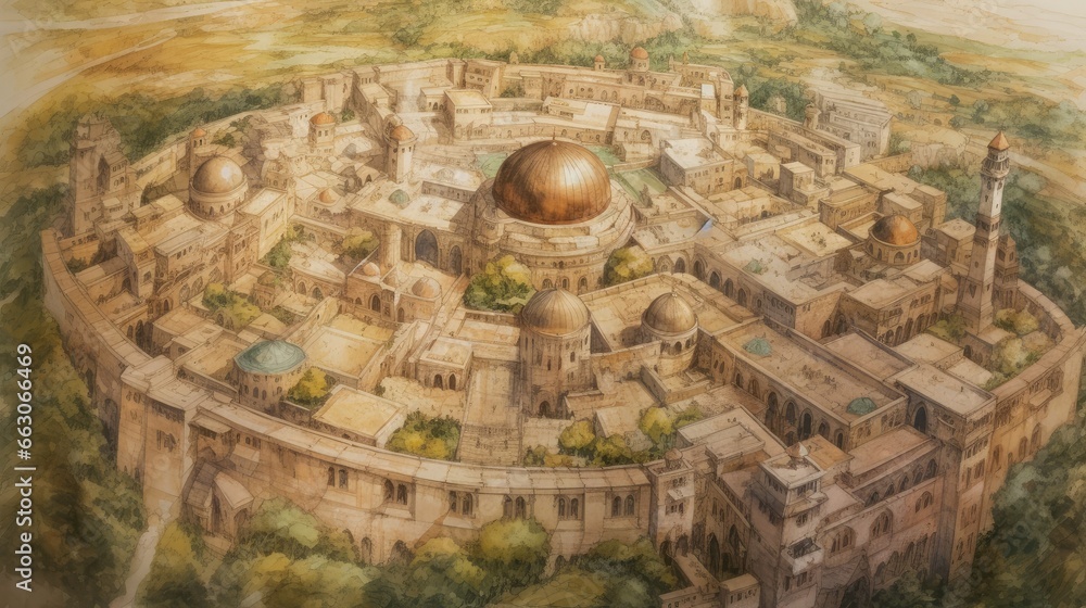 An aerial view of the Al-Aqsa Mosque complex, surrounded by the ancient walls of the Old City of Jerusalem, a historical and cultural ambiance, Artwork, watercolor painting