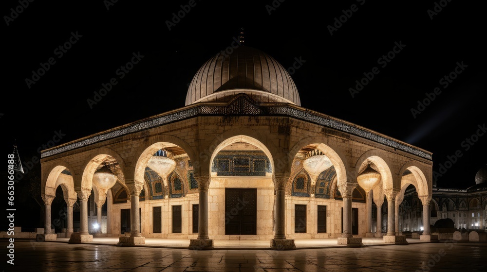The Al-Aqsa Mosque at night, softly lit by lanterns and moonlight, a serene and contemplative mood, Sculpture, marble carving