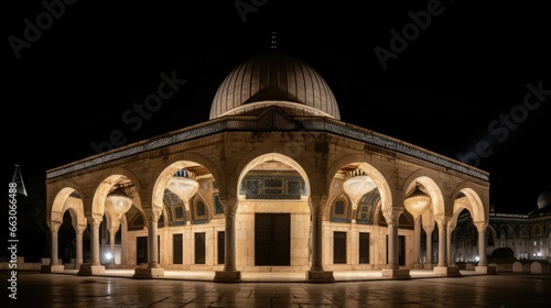 The Al-Aqsa Mosque at night  softly lit by lanterns and moonlight  a serene and contemplative mood  Sculpture  marble carving