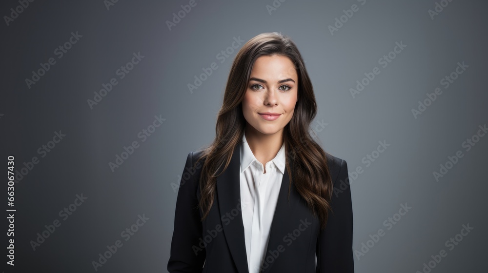 Portrait of successful businesswoman standing on gray background. Portrait of successful businesswoman standing on gray background.