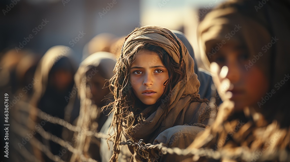 Migrant girl from poor Arab countries standing behind a mesh. Problem refugee, international migration