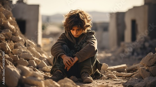 Sad little Arab boy sitting on the ruins of the ruins of his house. The global issues of wars and military conflicts of peoples