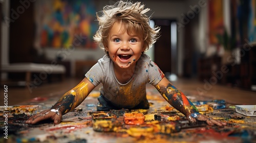 Happy 2-year old baby boy for the first time draws with paints on a white sheet of paper