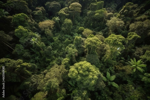 view of lush rainforest from above. Generative AI