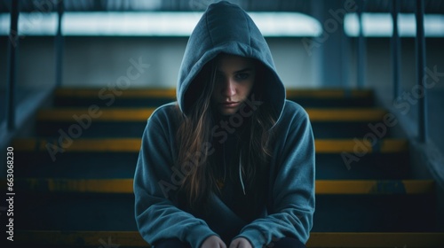 a depressed female teenager wearing a hoodie, sitting on bleachers alone.