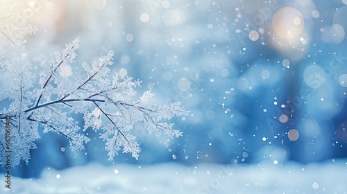 Winter panoramic background with snow soft blurred beautiful bokeh leaves illustration background. © HappyTime 17