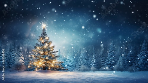 light winter background, christmas tree, snow, generative ai © Nia™