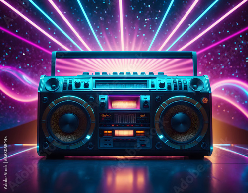 Boom box , retro wave, galactic background, neon