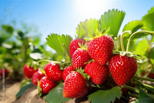 Harvesting of fresh ripe big organic red strawberry fruit in garden. Banner with strawberry plants in a planthouse.