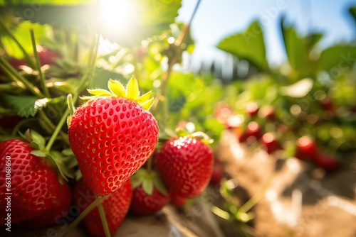 Harvesting of fresh ripe big organic red strawberry fruit in garden. Banner with strawberry plants in a planthouse.