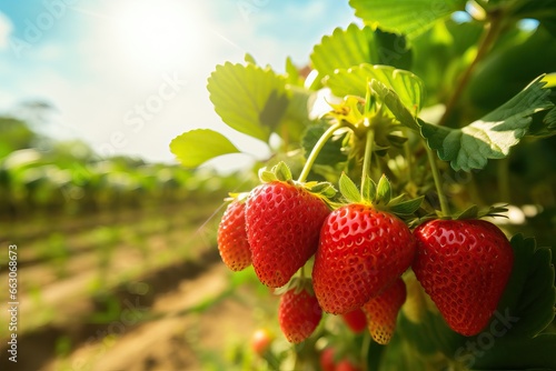 Harvesting of fresh ripe big organic red strawberry fruit in garden. Banner with strawberry plants in a planthouse.