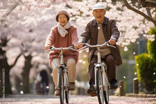 春、桜が咲く公園でサイクリングを楽しむ老夫婦 photo