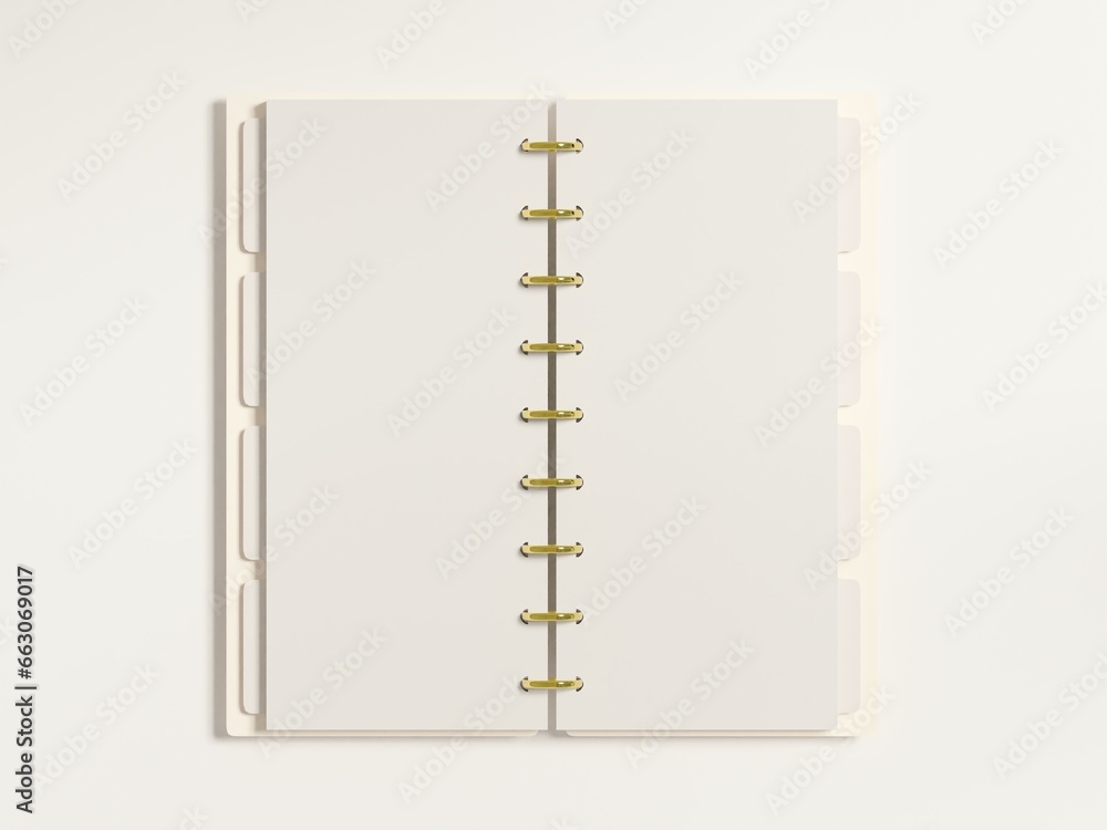 Small sized Open discbound planner mockup as a top view flatlay. 3d