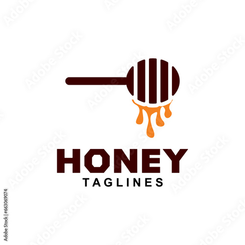 Natural honey logo label concept, with hexagon honeycomb nectar symbol. Beekeeping badge brand identity template. Vector illustration.