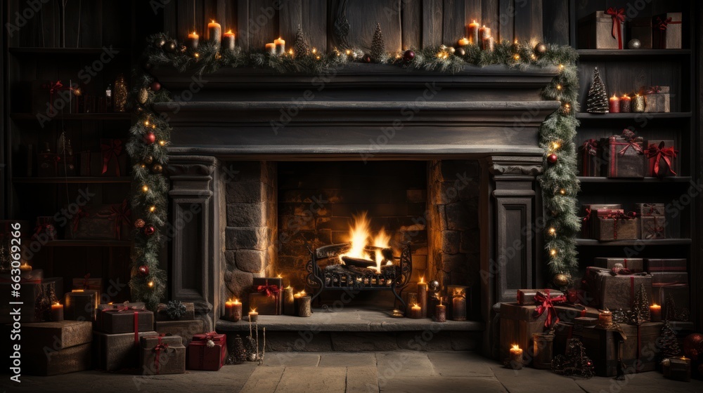 Obraz premium fireplace with christmas decorations