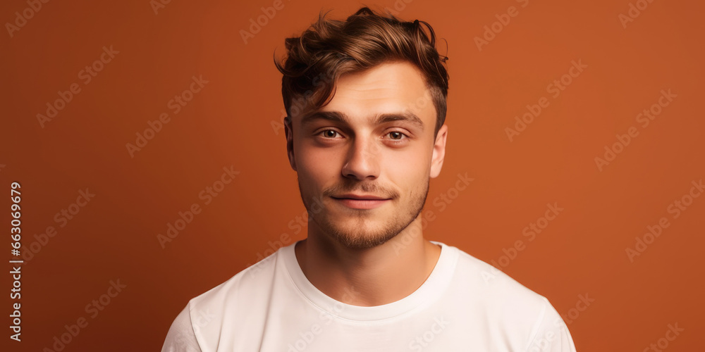 Handsome Male in white t-shirt. Young Man on Orange Background Handsome Male in white t-shirt. Young Man on Orange Background