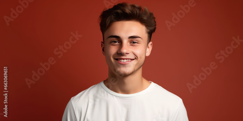 Happy Guy in white t-shirt. Young Man on a Red Background