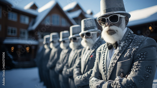 Row of bearded men in stylish suits - ski resort patio - sunglasses - low angle shot - blue skies - stylish - fashion - Christmas - holiday - vacation - holiday - getaway photo