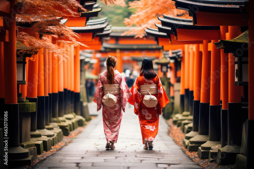 traditional Japanese kimono walking in Higashiyama district in the old town of Kyoto, Japan photo
