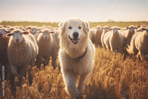 Portrait of a dog herding sheep in the field