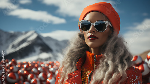Woman dressed in red festive outfit -Christmas ornaments in background - fashion - stylish - sunglasses - mountain ski resort 