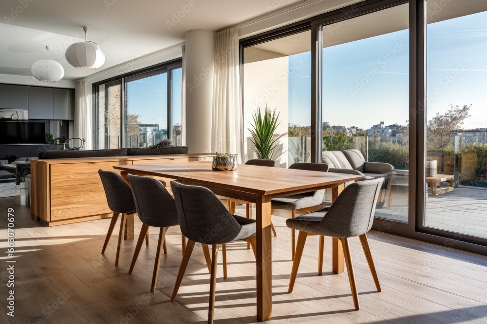 Interior design of dining room with family wooden table and modern chairs in home or apartment. Interior design of dining room with family wooden table and modern chairs in home or apartment.