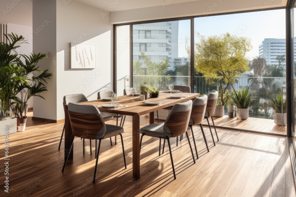 Interior design of dining room with family wooden table and modern chairs in home or apartment. Interior design of dining room with family wooden table and modern chairs in home or apartment.