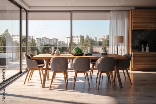 Interior design of dining room with family wooden table and modern chairs in home or apartment. © Oulaphone