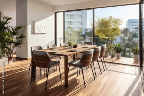 Interior design of dining room with family wooden table and modern chairs in home or apartment.