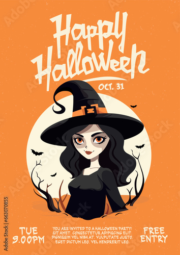 Vector invitation template. Gothic style young witch in hat with black hair. Kawaii cute hand drawn style. Bat, moon background. Happy Halloween night party invitation. Flat design, letters, quote.