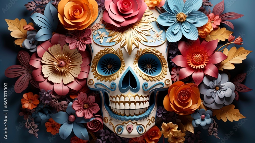 Festive dia de los muertos background Hispanic sugar skull colorful flowers 3d digital  dia de los muertos and day of dead concept. Generated AI.
