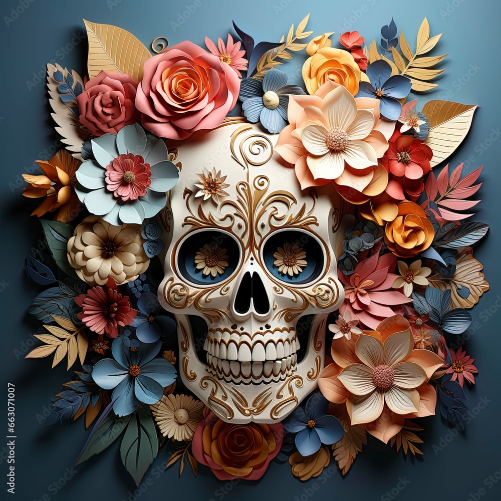 Festive dia de los muertos background Hispanic sugar skull colorful flowers 3d digital  dia de los muertos and day of dead concept. Generated AI.
