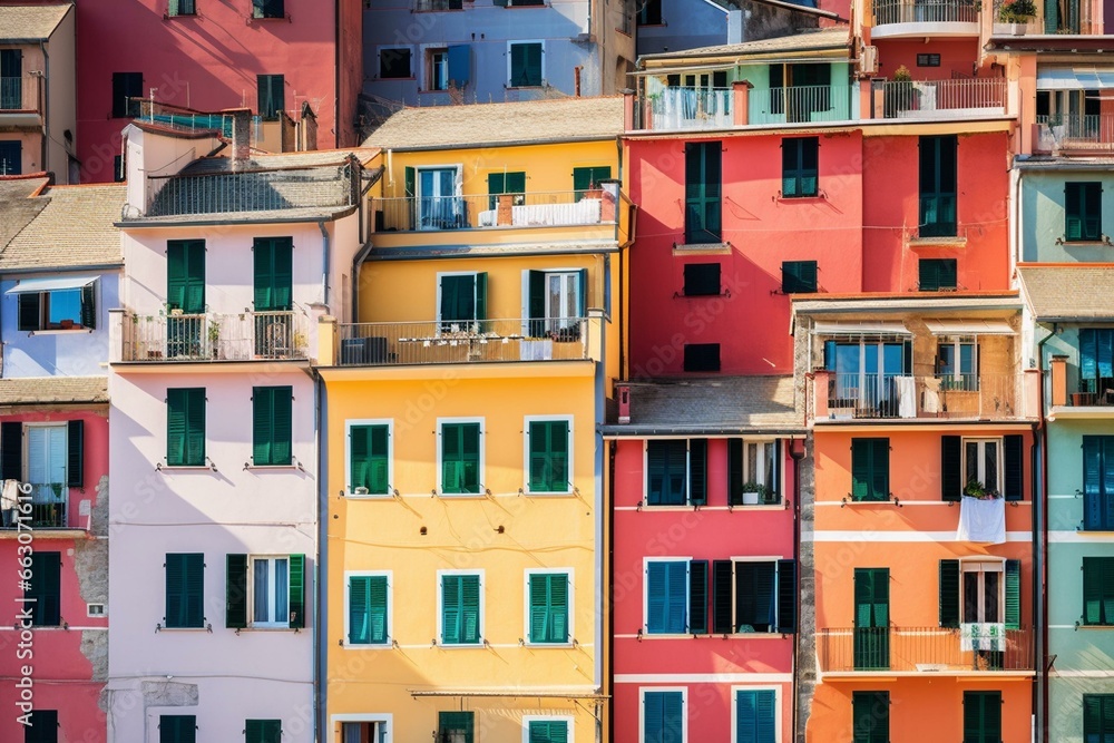 Vibrant houses in Cinque Terre, Italy; a picturesque summer resort with artistic printed artwork. Generative AI