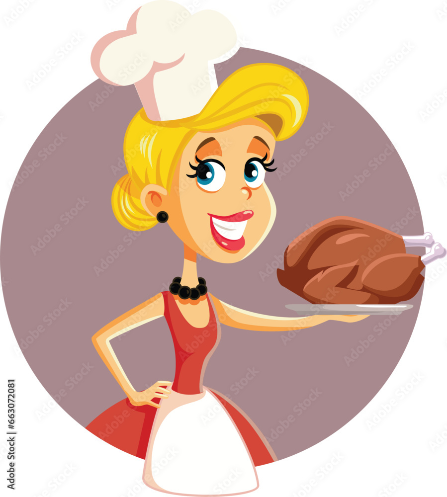 Home Cook Holding a Thanksgiving Roasted Turkey Vector Cartoon Character. Happy woman serving a homemade dinner
Home Cook Holding a Thanksgiving Roasted Turkey Vector Cartoon Character. Happy woman serving a homemade dinner