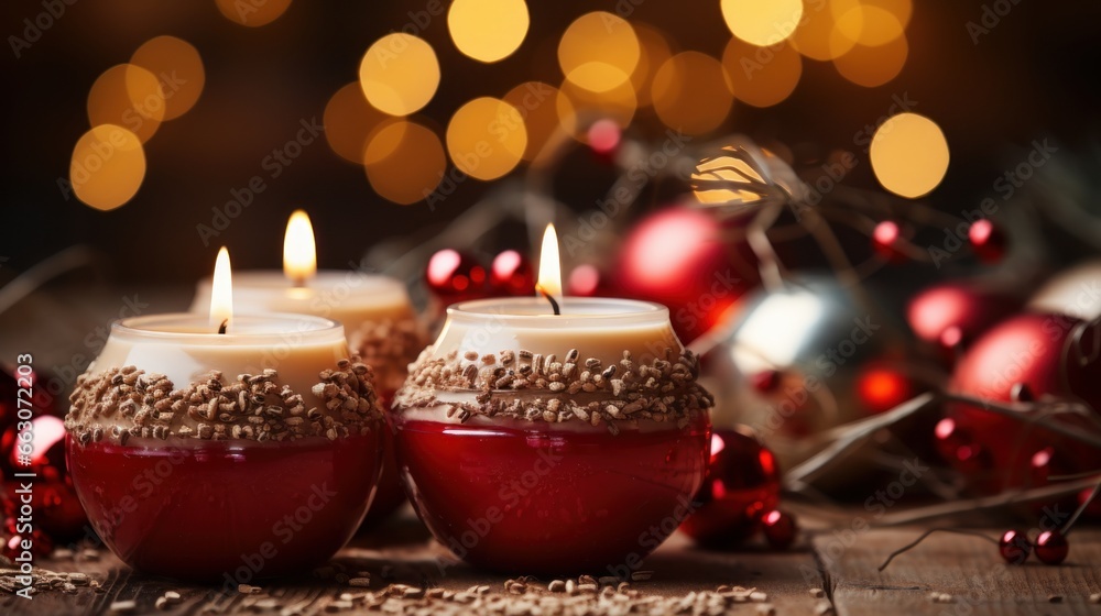 christmas decoration with red candles and decorations, copy space, christmas background and wallpaper christmas decoration with red candles and decorations, copy space, christmas background and wallpaper