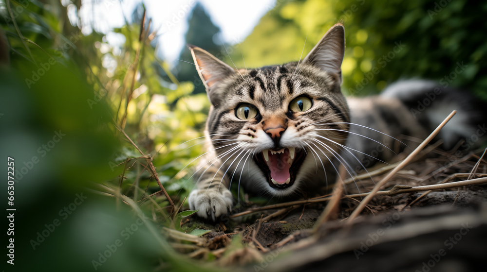 It's a close-up shot of a tabby cat with striking green eyes, mid-meow or hiss, surrounded by lush greenery. The cat's expressive face, sharp whiskers, and open mouth are prominently displayed against