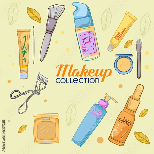 Beauty routine elements, facial brushes and stickers. Spa morning care tools, make up concealer and hair brush.