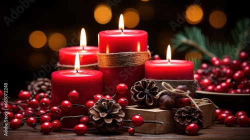 christmas decoration with red candles and decorations, copy space, christmas background and wallpaper