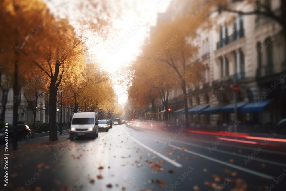 Blurred city street during autumn. Generative AI