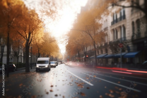 Blurred city street during autumn. Generative AI
