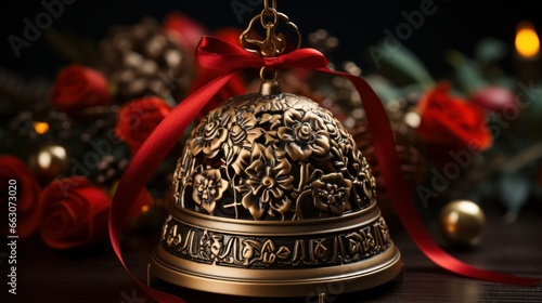 Christmas bell on the Christmas tree, decorative Christmas bell background, golden Christmas bell, dark background with copy space photo