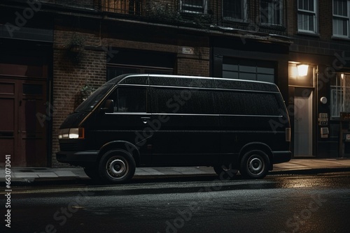 A dark van parked on a city street  viewed from the side. Generative AI