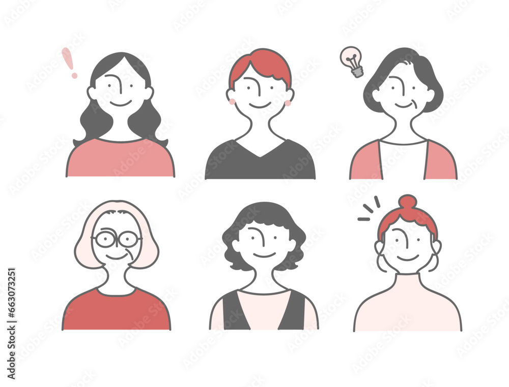 Women of various ages upper body icon illustration set /様々な年代の女性の上半身アイコンイラストセット
Women of various ages upper body icon illustration set /様々な年代の女性の上半身アイコンイラストセット