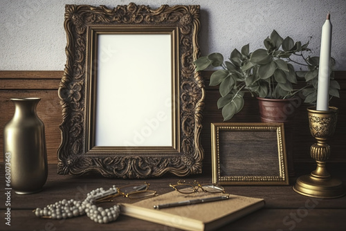 Wooden desk accessories in an antique and vintage style. A mock-up or empty picture frame. Generative AI