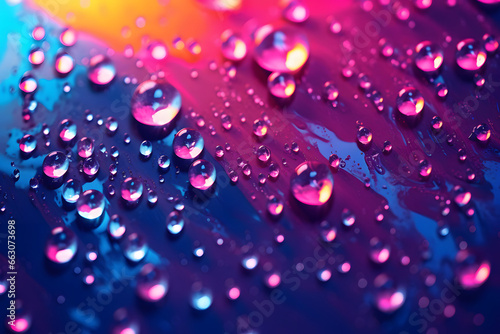 Bokeh background of gradient neon droplets on the glass window.