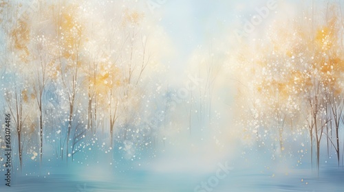 snowy background with winter trees  in the style of light gold and azure  blurred  bokeh  joyful celebration of nature  generative ai